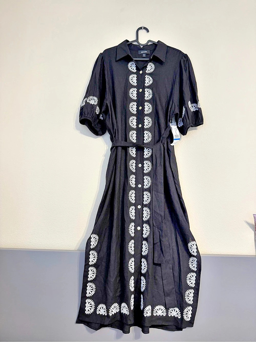 NWT Karen Kane Black White Embroidered Linen Blend Belted Midi Shirt Dress XL